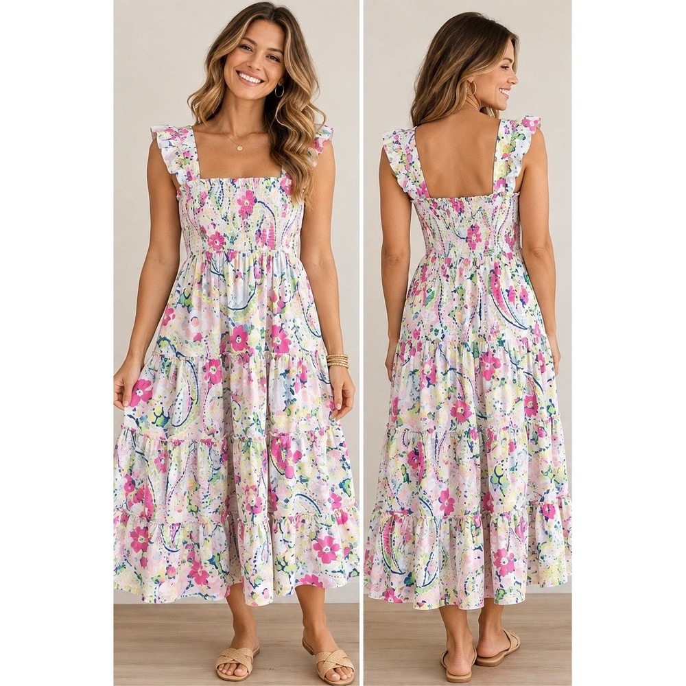 Crown & Ivy Floral Paisley Smocked Tiered Midi Dress Ruffle Straps Large